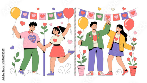 Joyful hearts: A collection of couples, each radiating joy and warmth, celebrate love and togetherness with festive balloons, garlands, and blossoms.