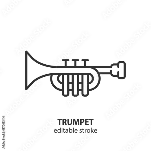 Trumpet line icon. Brass musical instrument on a white background. Concept for music, school, education, orchestra and band. Editable stroke. Vector illustration.