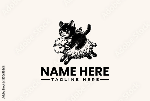 A black cat riding a sheep with a logo design and space for a name and tagline on a beige background, with a vector illustration style.