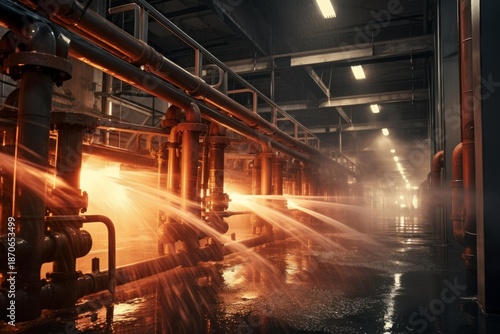 Factory pipes experiencing a fire being extinguished by multiple water sprays