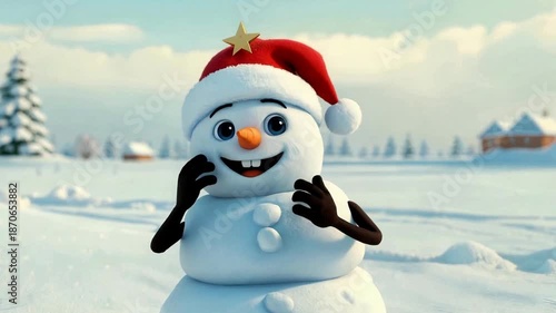 A cheerful cartoon snowman wearing a red Santa hat with a star, smiling in a snowy winter landscape.