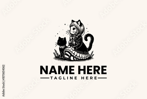 Black and white illustration of a cartoon cat sitting with a laptop, surrounded by text space for a logo and tagline on a plain background.
