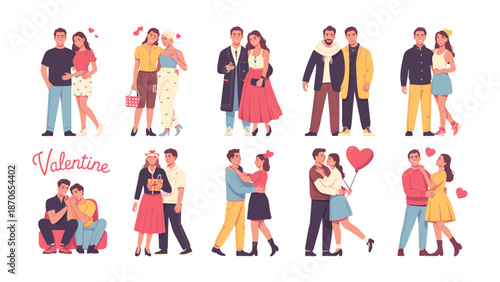 Valentine's Day Couple Illustrations: A charming collection of various couple poses, celebrating the spirit of Valentine's Day through heartwarming illustrations. 