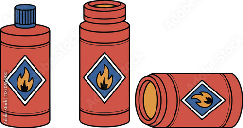 Three red cylindrical containers, each with a distinct flame symbol on them.