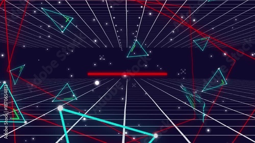 Animation of white dots, triangles and lines in digital space with perspective