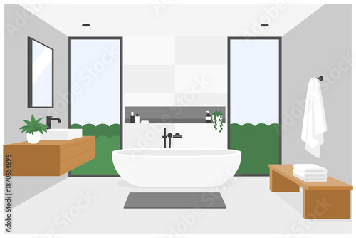 Modern Minimalist Bathroom with Freestanding Tub and Nature View