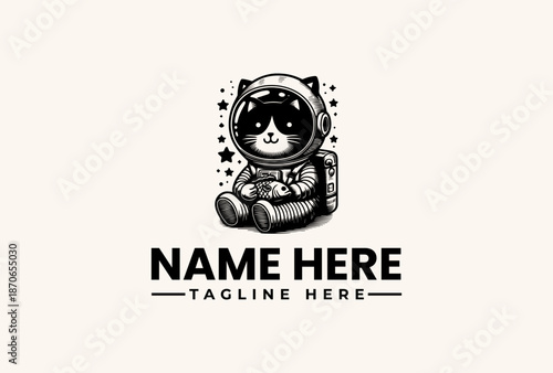 A black and white illustration of a cat in a spacesuit sitting with stars, representing a customizable logo or icon with a tagline on a plain background.