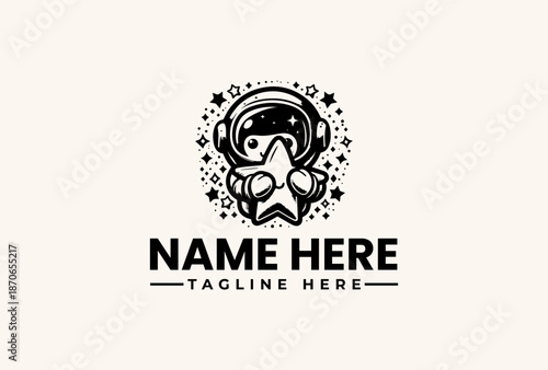 Black and white illustration of a dog wearing a spacesuit with a star, surrounded by decorative elements, on a clean background for a logo or icon.