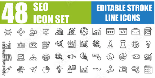 SEO Icon Set - Search Engine Optimization, Keyword Research, Backlink Analysis, Google Analytics, SERP Ranking, Website Traffic, On-Page SEO, Meta Tags, Digital Marketing, Algorithm and More - Editabl