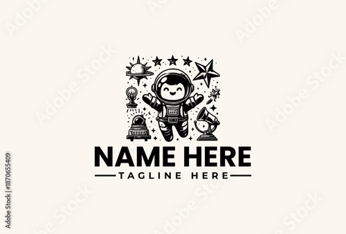 Black and white illustration of an astronaut surrounded by celestial icons and text placeholder for 'NAME HERE' and 'TAGLINE HERE' on a clean background.