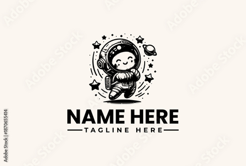 Black and white illustration of a smiling astronaut icon with stars and planets, surrounded by a circular logo design with placeholder text on a clean background.