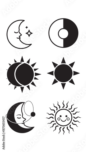 Set of black and white celestial icons depicting moon phases and sun symbols in a minimalist style.