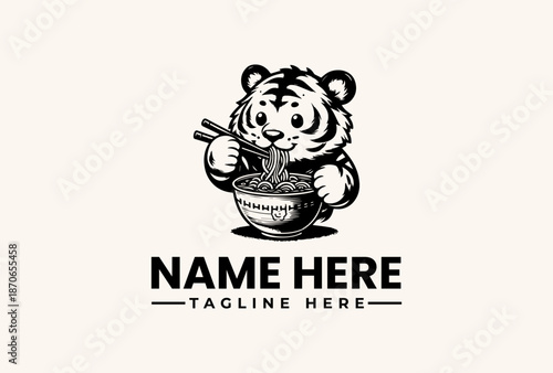 Black and white illustration of a cute tiger mascot holding chopsticks and eating from a bowl with a customizable name and tagline on a plain background.