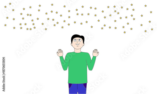 A man in a green shirt is looking up at a sky full of stars