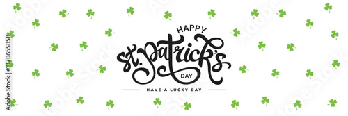 Dynamic navy blue "St. Patrick's Festival" text in playful script with green leprechaun hat under rainbow, green ribbon banner, and scattered shamrocks on white background.