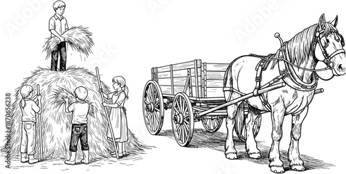 children, farm, harvest, haystack, wagon, horse, vintage, sketch, illustration, rural, agriculture, straw, childhood, rustic, outdoors