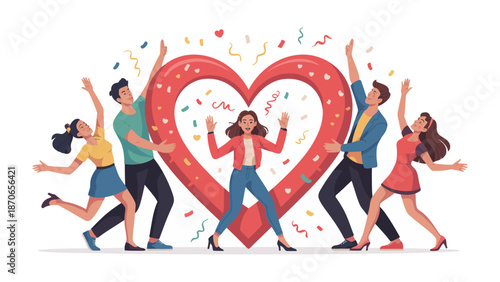 Love and Celebration: People joyfully celebrate around a large heart shape, symbolizing unity, affection, and togetherness. Confetti falls, adding to the atmosphere of a cheerful celebration.