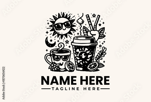 A black and white illustration of a logo featuring a smiling sun, coffee cup, and drink with straws on a beige background with a playful and modern style.