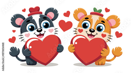 Lovey-Dovey Companionship: Two adorable animated mouse characters, radiating joy, holding vibrant heart symbols, symbolizing affection and togetherness.