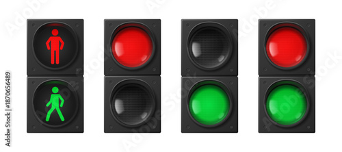 3D traffic lights set isolated on white. Vector realistic illustration of stop and go signals for pedestrians and transport, red and green semaphore lights, street safety equipment, warning stoplight