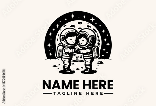 Illustration of two astronauts in spacesuits standing together with a logo and tagline on a beige background, featuring a starry night sky and moon arc, with a vector style design.