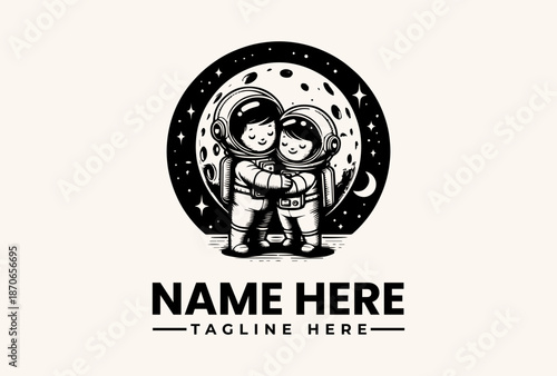 Black and white illustration of two astronauts in helmets hugging in front of a moon and stars logo with placeholder text for a name and tagline.