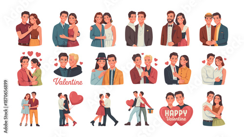 Celebrating Love and Togetherness: Diverse couples in various poses, hugging, or holding hands, in a collage of charming illustrations conveying the essence of love and the spirit of Valentine's Day.