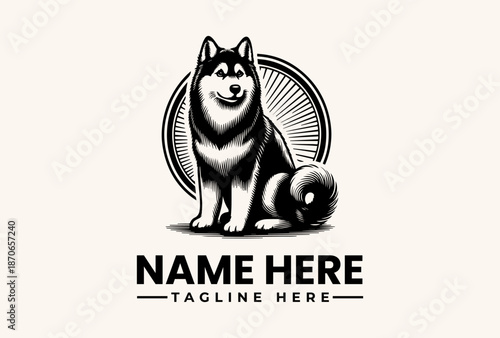 A black and white illustration of a dog sitting in front of a circular design with lines, accompanied by placeholder text for a name and tagline on a beige background.