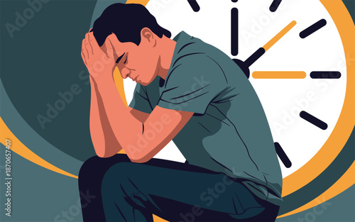 Man sitting alone in contemplation with a large clock in the background