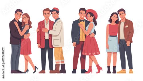 Love and Harmony: Diverse couples showcase love's beauty, with each pair radiating unique charm, capturing the essence of togetherness, companionship, and devotion.