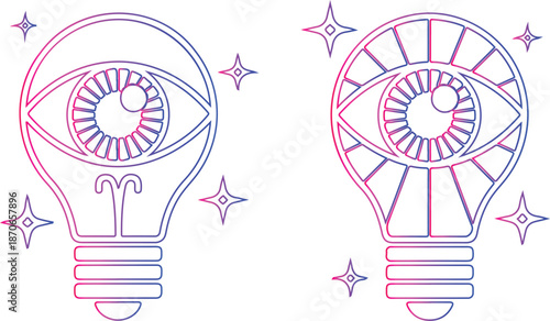 Two light bulbs side by side. Both bulbs have a colorful eye-like design in the center.