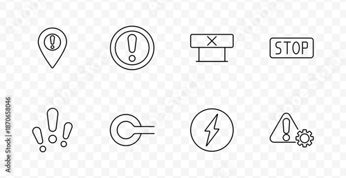 Warning and alert set icon. Line icons show exclamation mark, location pin, barrier, stop sign, electricity, and gear symbol with triangle for hazard and caution indication.