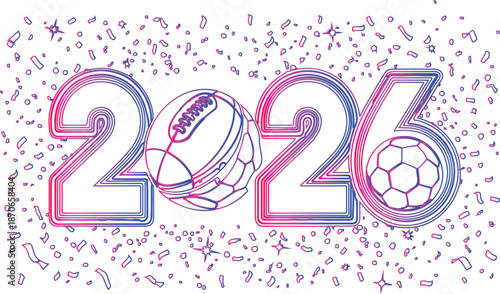 A graphical representation of the year 2026, prominently displayed in neon pink and white colors. Positioned within the numerals are two footballs, one in purple and the other in white.