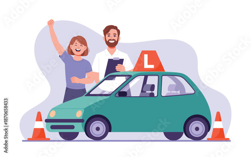 Driving School Student Passing Test with Instructor Beside the Car