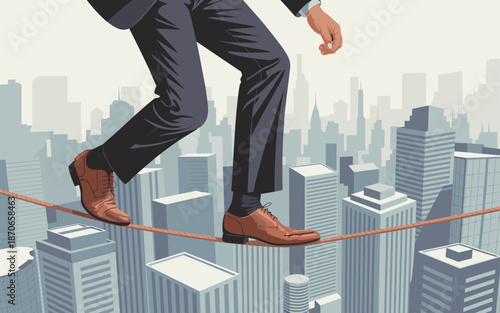 Man walking on a tightrope above a cityscape with tall buildings and skyscrapers, showcasing balance and focus
