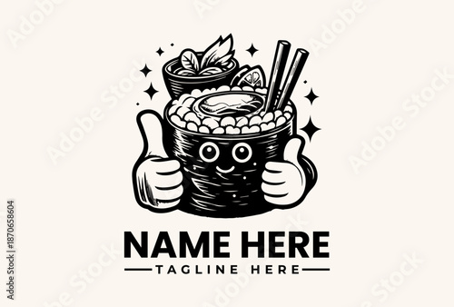 A cartoon sushi roll with a smiling face and thumbs up, holding chopsticks, surrounded by sparkles on a plain background, with space for custom text, in a vector illustration style.