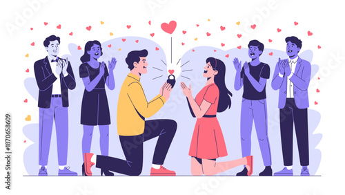 Romantic Proposal: A tender moment unfolds as a man kneels before a woman, offering a ring amidst a shower of hearts, a testament to enduring love and commitment, witnessed by supportive friends.