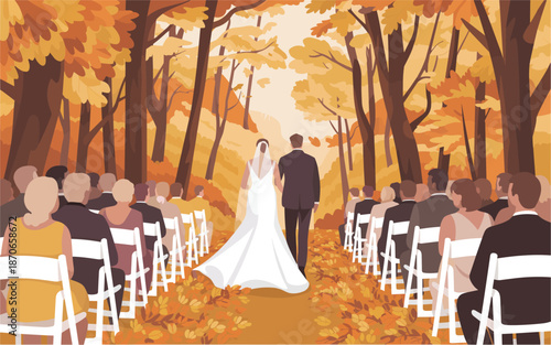 Autumnal Wedding Ceremony with Bride and Groom Walking Down the Aisle Surrounded by Guests and Trees
