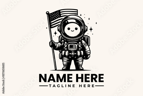A smiling astronaut mascot holds an American flag with a starry background and customizable text space for a logo or icon design.