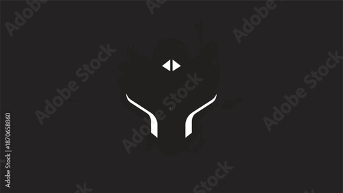 Abstract minimalist design featuring a stylized figure with a geometric head and outstretched arms.
