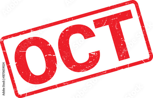 Red October Rubber Stamp with Distressed Texture on White Background for Month Indication