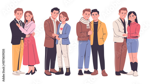 Embracing Love and Unity: A heartwarming illustration showcases diverse couples of different gender pairings standing side by side, symbolizing love, acceptance, and the beauty of relationships.