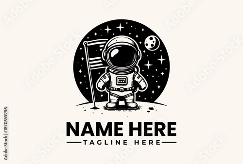 A black and white vector illustration of an astronaut standing next to a flag in front of a starry night sky with a moon, surrounded by a circular logo design with placeholder text.