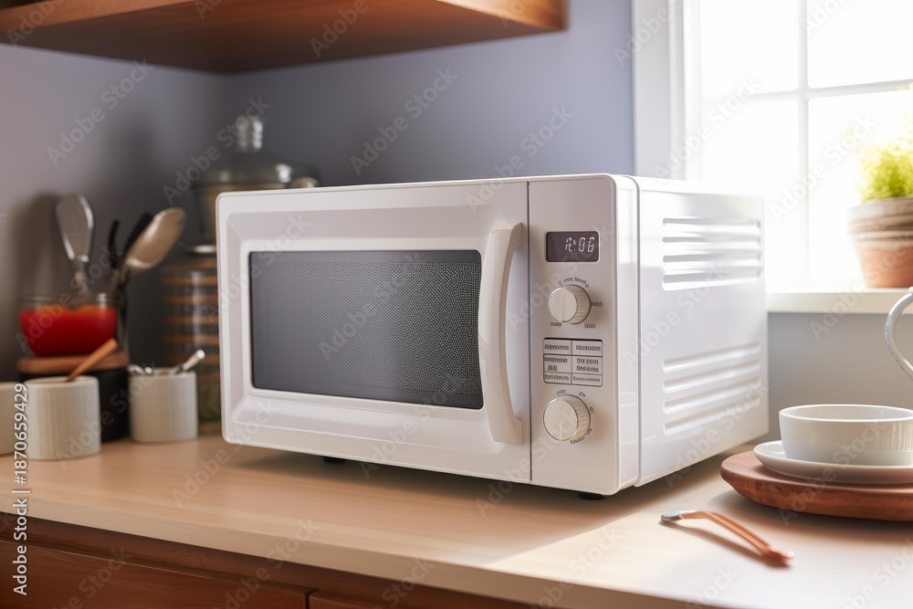 Fototapeta premium Microwave oven sitting on a wooden kitchen countertop near a window