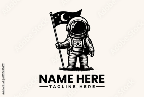 A black and white vector illustration of an astronaut holding a flag with a crescent moon and stars, standing on a simple background with a logo and tagline text.