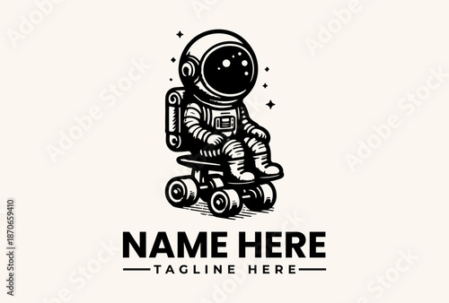 A black and white vector illustration of an astronaut riding a skateboard with a helmet and backpack, surrounded by stars, against a clean white background with space for a logo and tagline.