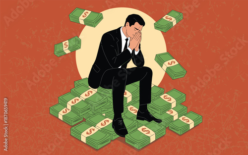 A distressed businessman surrounded by money sitting on a pile of cash