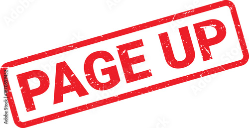 Red Distressed Page Up Rubber Stamp on White Background, Angled, with Faded Texture