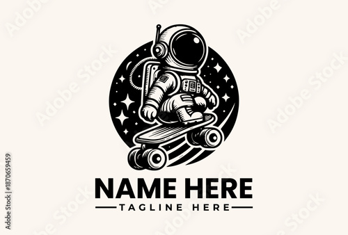 Black and white illustration of an astronaut riding a skateboard in front of a starry circle with sample text for a logo or pictogram.