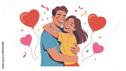 Eternal Embrace of Love: A radiant couple finds solace in an embrace, their hearts intertwined amidst a shower of confetti and heart-shaped balloons.